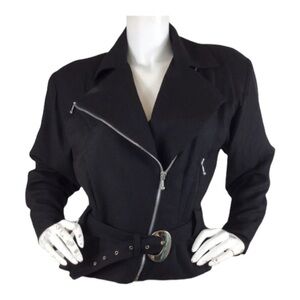 Bebe Wool Blend Belted Moto Jacket Zippered Pockets Shoulder Pads Lined M